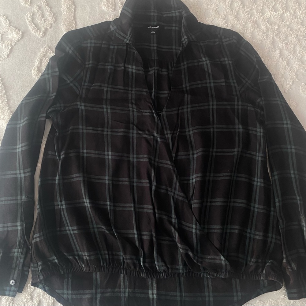 Madewell black and green Plaid Long Sleeve crossover Shirt size medium